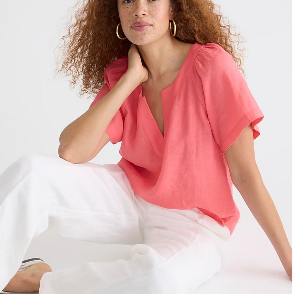 J.Crew Flutter-sleeve linen V-neck top EUC